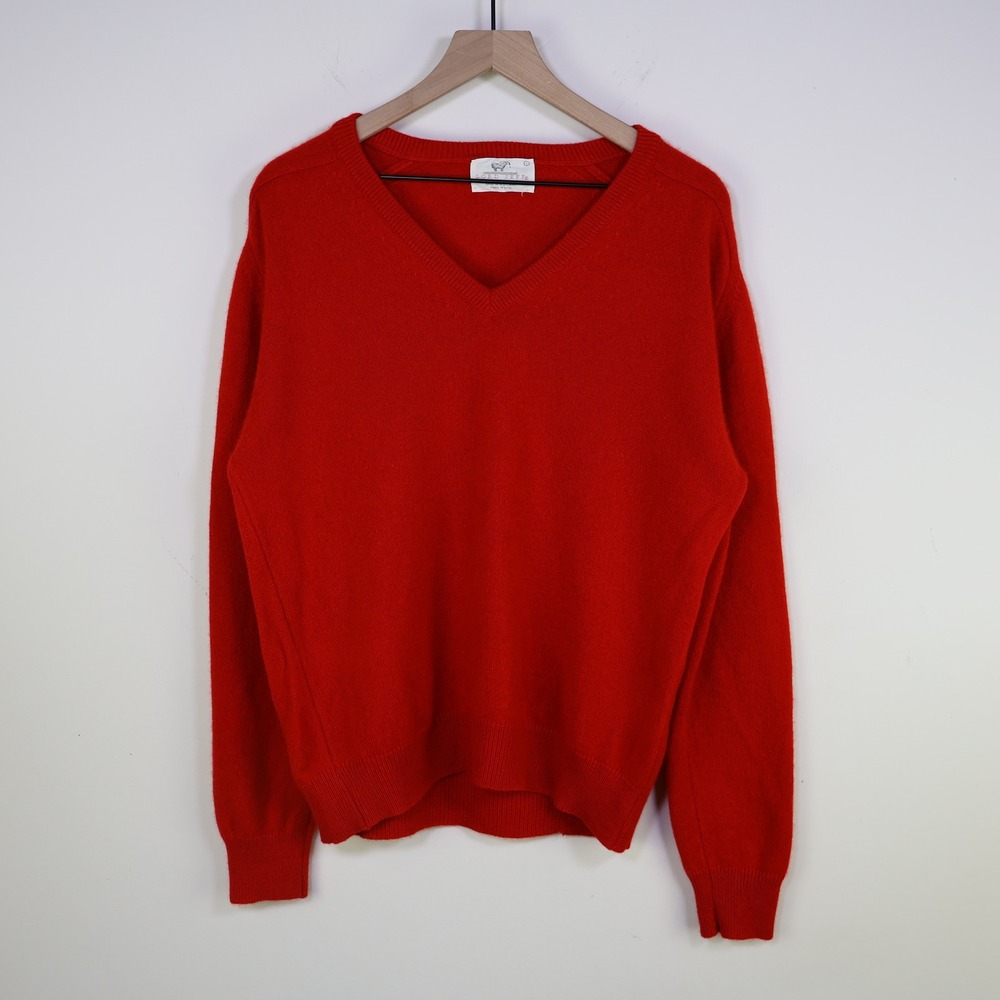 Vintage 80s Lord Jeff Pure Cashmere V-Neck Sweater Large Red Scotland USA Preppy